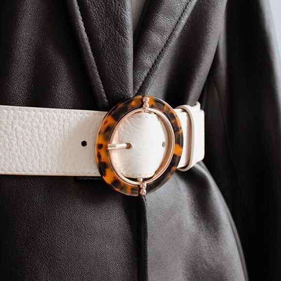 Talbots Round Leopard Buckle Beige Leather Waist Belt - Picture 4 of 11